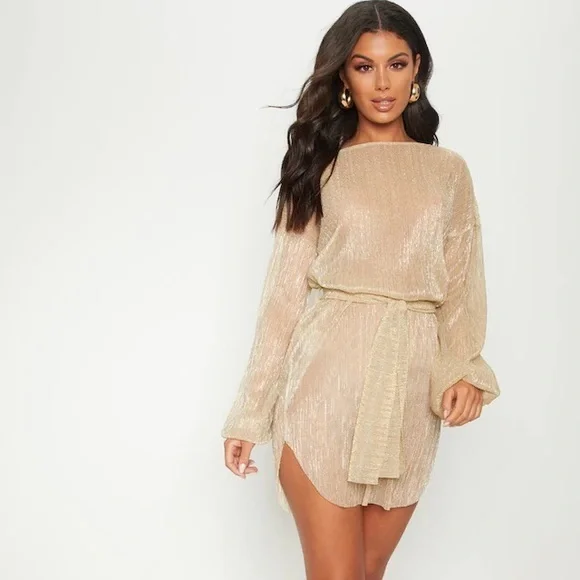 PrettyLittleThing | Dresses | Prettylittlething Gold Plisse Sheer Shift  Dress | Poshmark